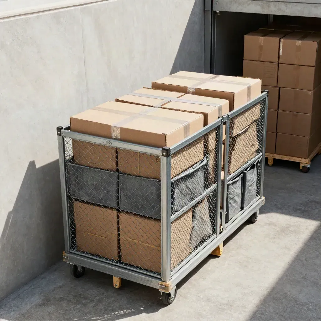 Roller cages, parcels and totes clearing into a bright warehouse sort lane