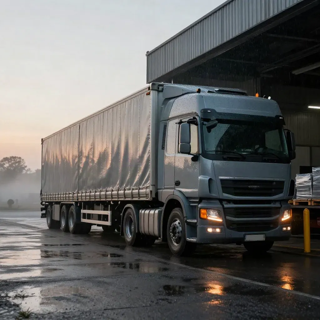Dawn freight yard with a loaded curtain-sided lorry entering a wet dock bay.