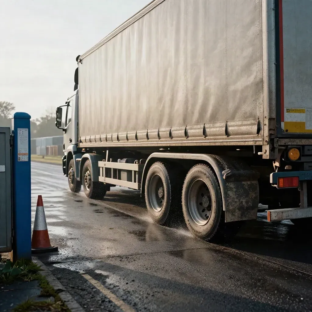 Curtain-sided trailer rolls through a wet depot gate with cones, chocks and road mist