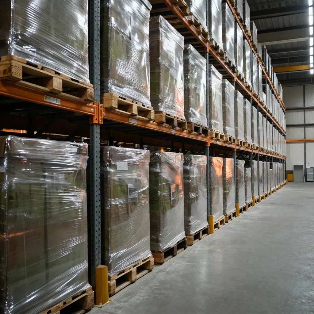 Warehouse aisles with shrink-wrapped pallets and amber beacons in soft afternoon light.