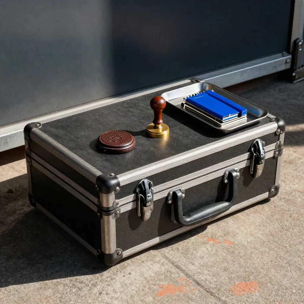 Sealed cargo case with brass stamp and customs seal on a dockside tray, cinematic lighting.