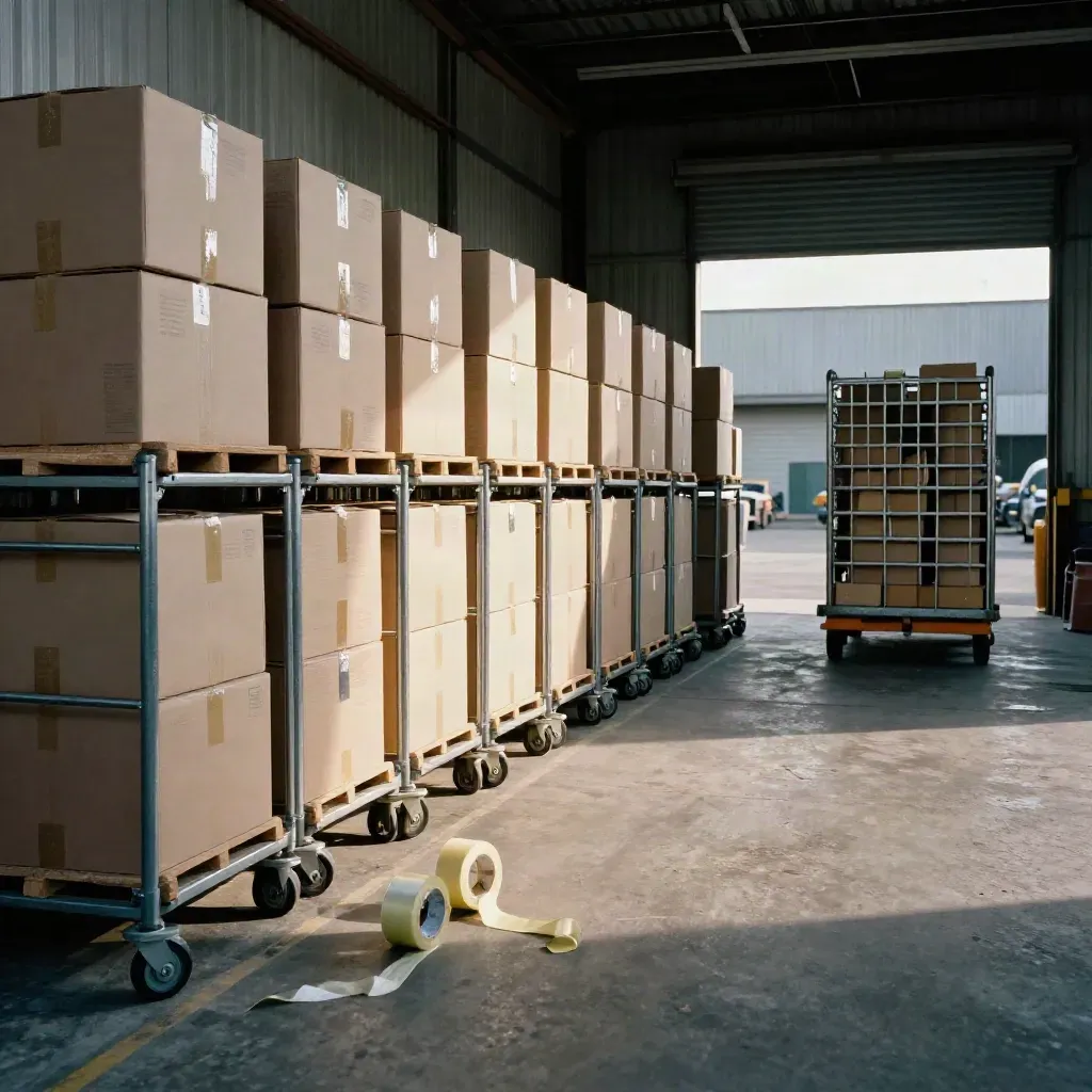 Outbound parcels on roller cages at a warehouse loading bay in hard daylight.