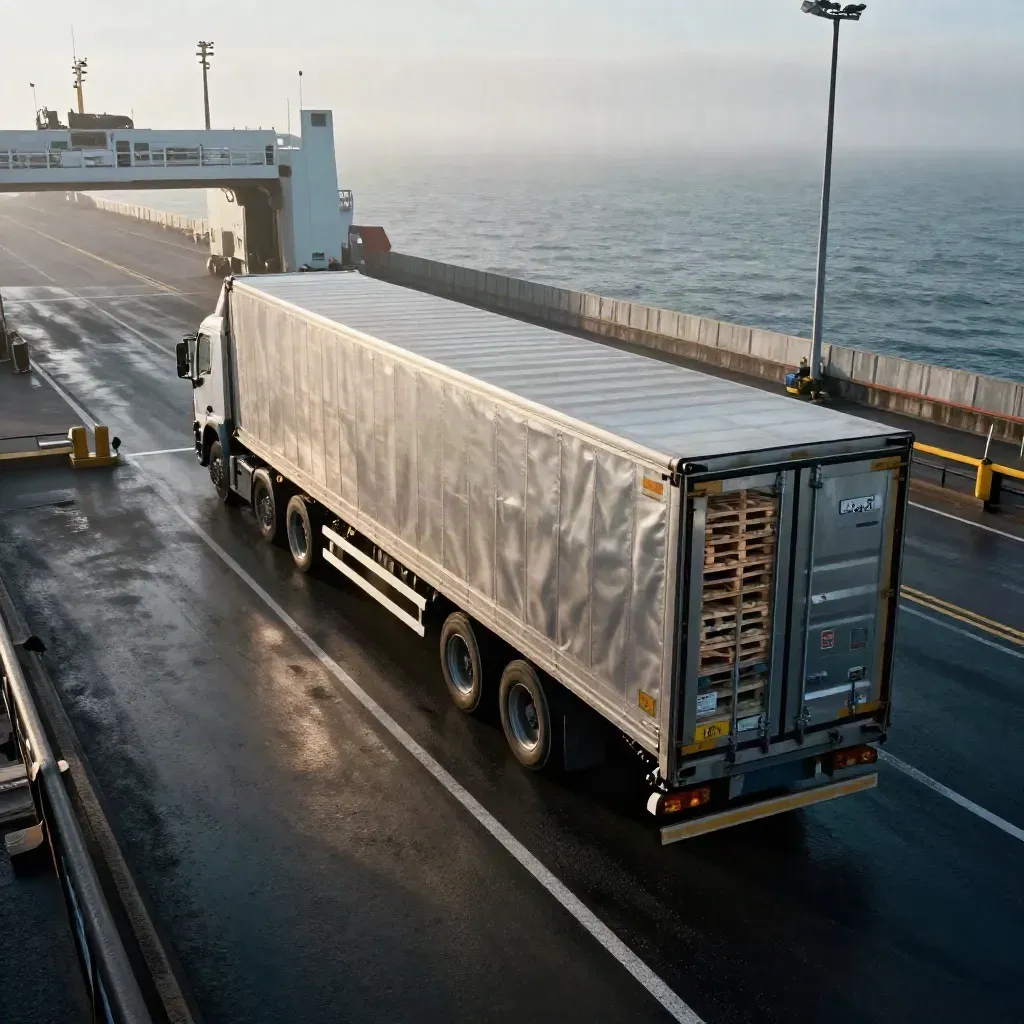 Truck entering a misty ferry-port export slot under dramatic light