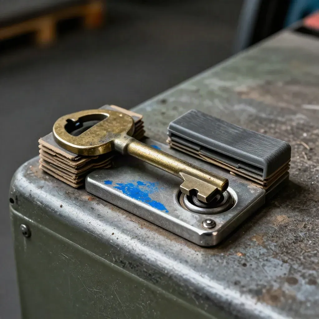 Forklift key, pallet corner protectors and wrap cutter sleeve on scuffed warehouse steel.
