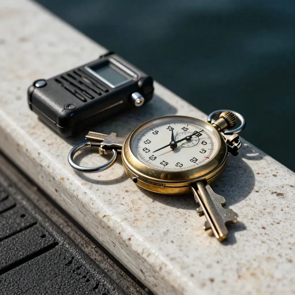 Macro still life of fleet keys, a brass stopwatch, pallet seal tags and a radio cradle on travertine.