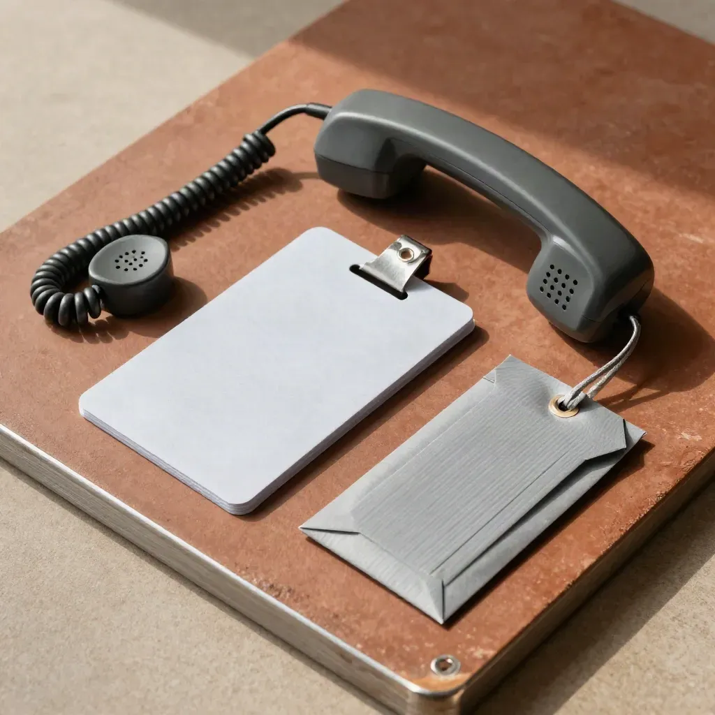 Shipment brief objects on terracotta plaster: cargo sleeve, dock phone, parcel tag, sealed pouch.
