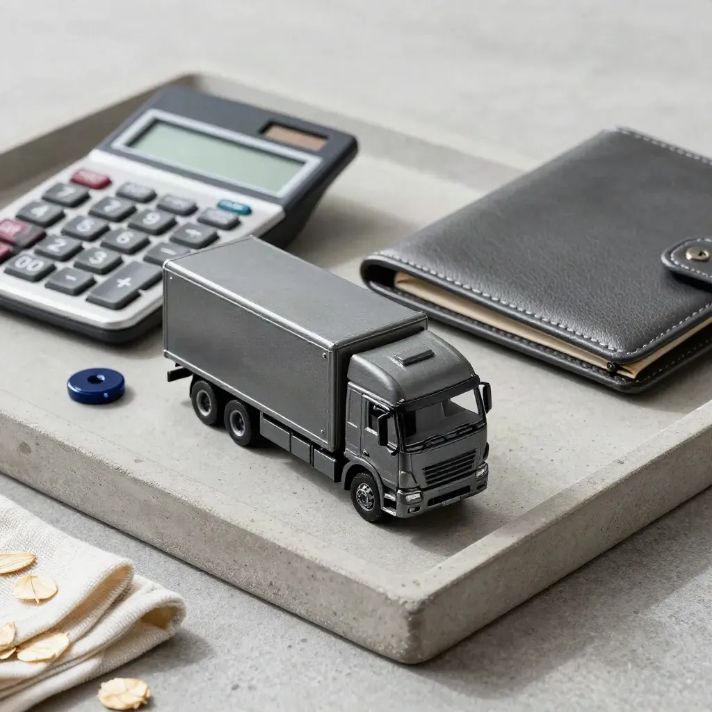 Mini truck model, calculator, route token and quote folder on a concrete tray with cloth.