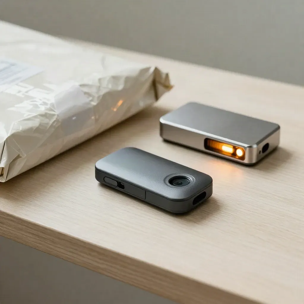 GPS tracker puck on shrink-wrapped parcel corner beside dock and amber beacon on pale wood.