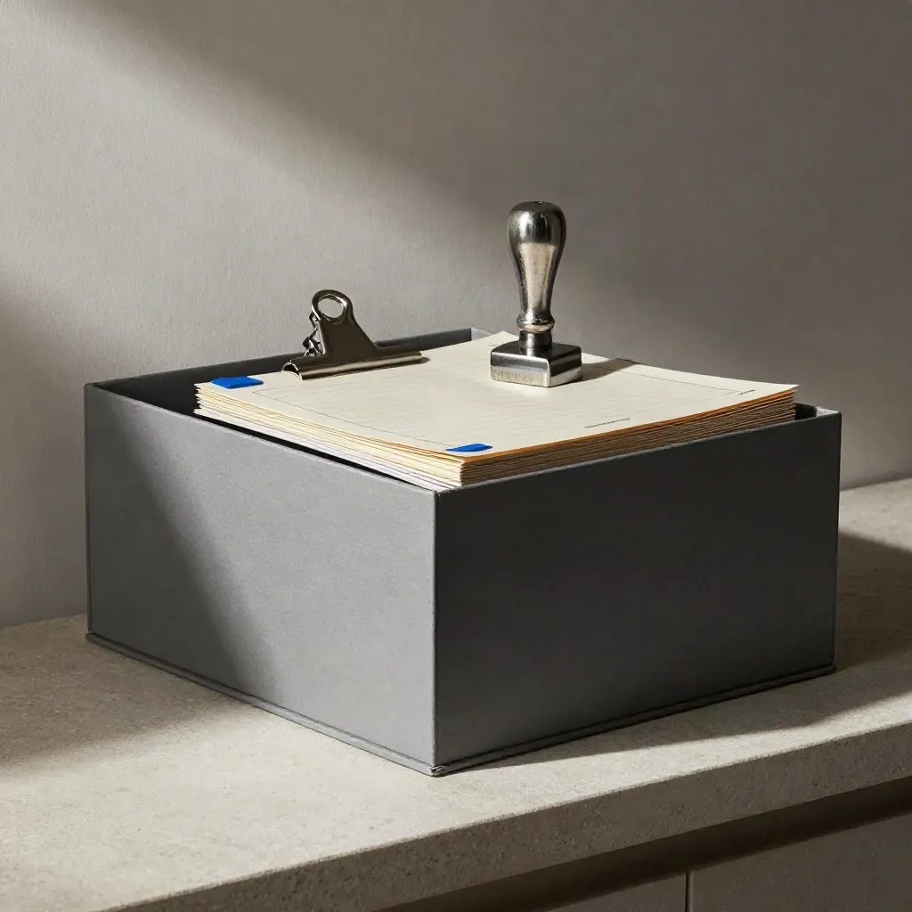 Archive box, POD stamp, clip and tied docket bundle on a stone shelf with soft light.