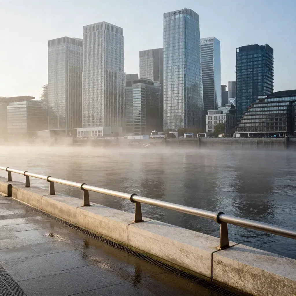 Canary Wharf and the Thames at dawn above misty river haze and travertine embankment.