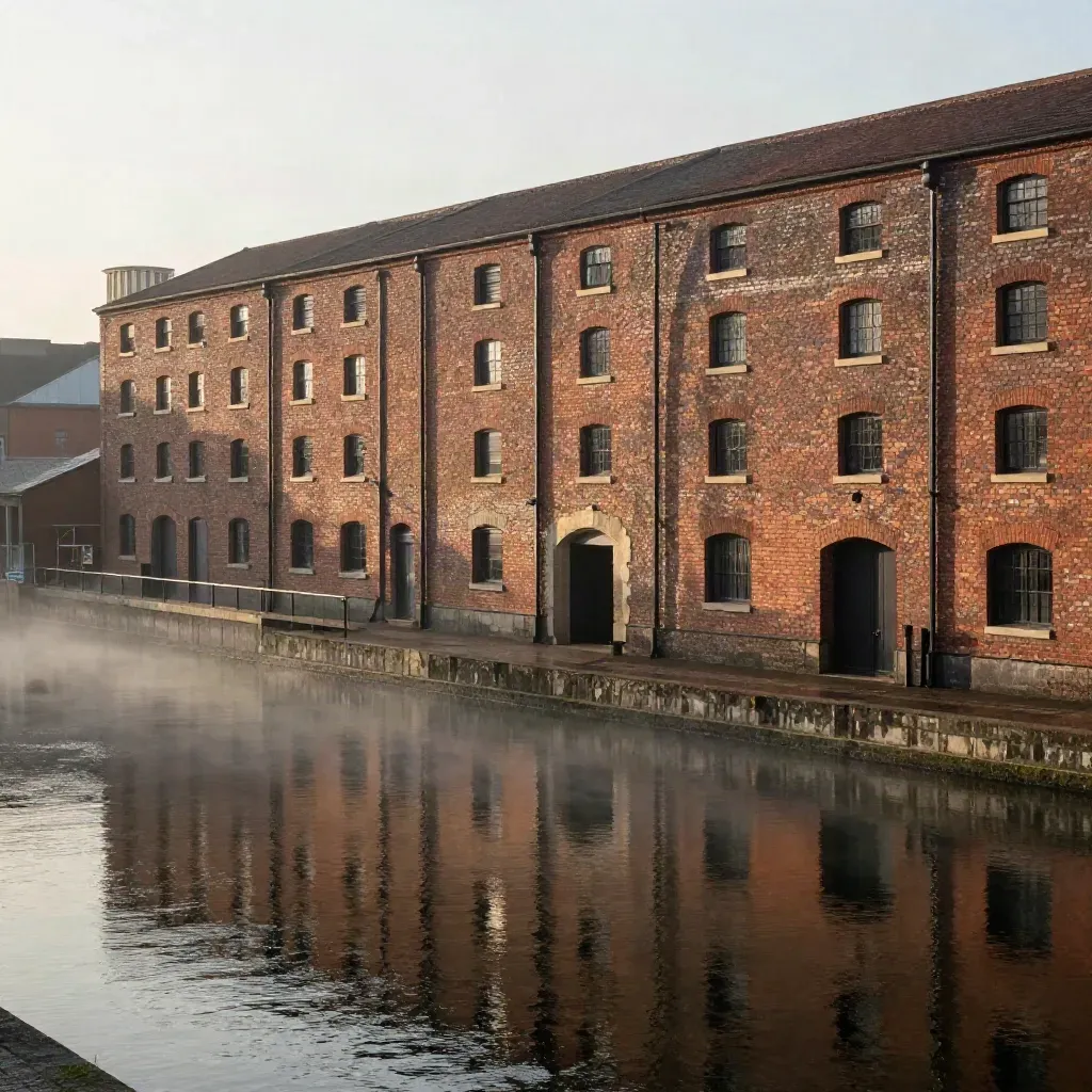 Brick canal warehouses and a misty Birmingham skyline over calm water at sunrise.