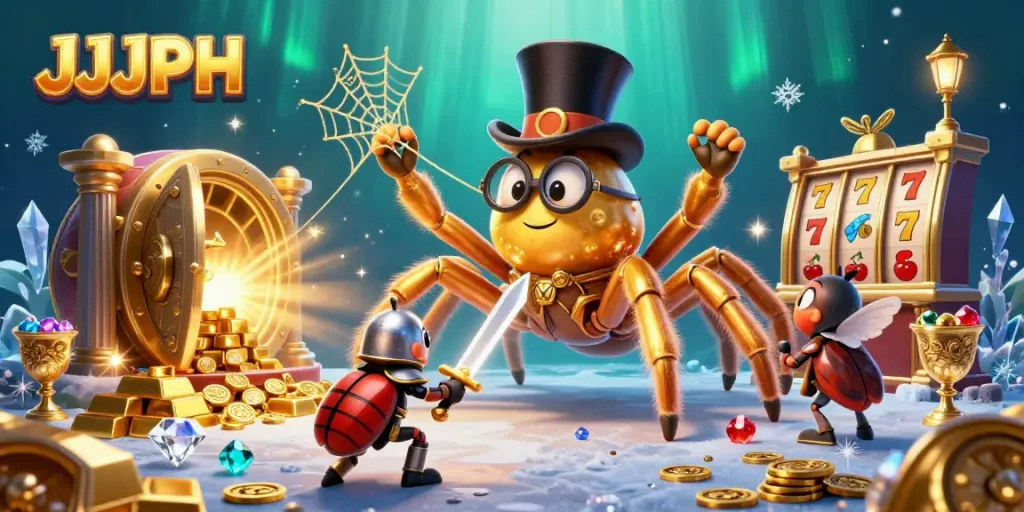 Experience excitement at JJJPH with a vibrant scene of a golden tarantula, a beetle knight, and slot elements.