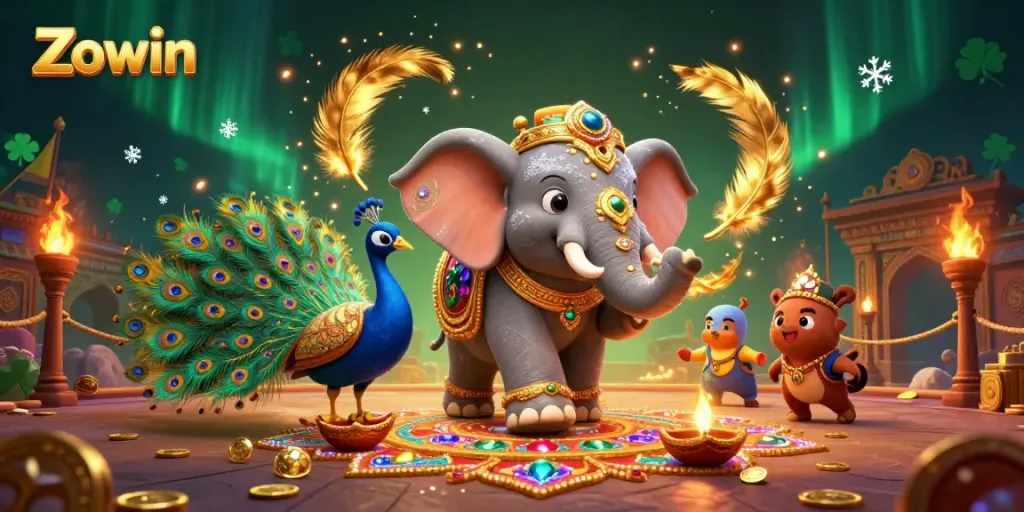 Zowin's vibrant casino scene showcasing a Diwali-themed elephant and a peacock, capturing the excitement of gaming.