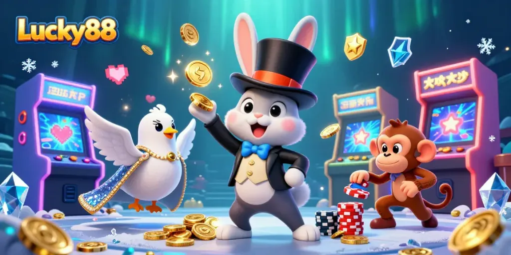 Spin the reels with Lucky88 magic and adventure in this vibrant casino scene filled with excitement.