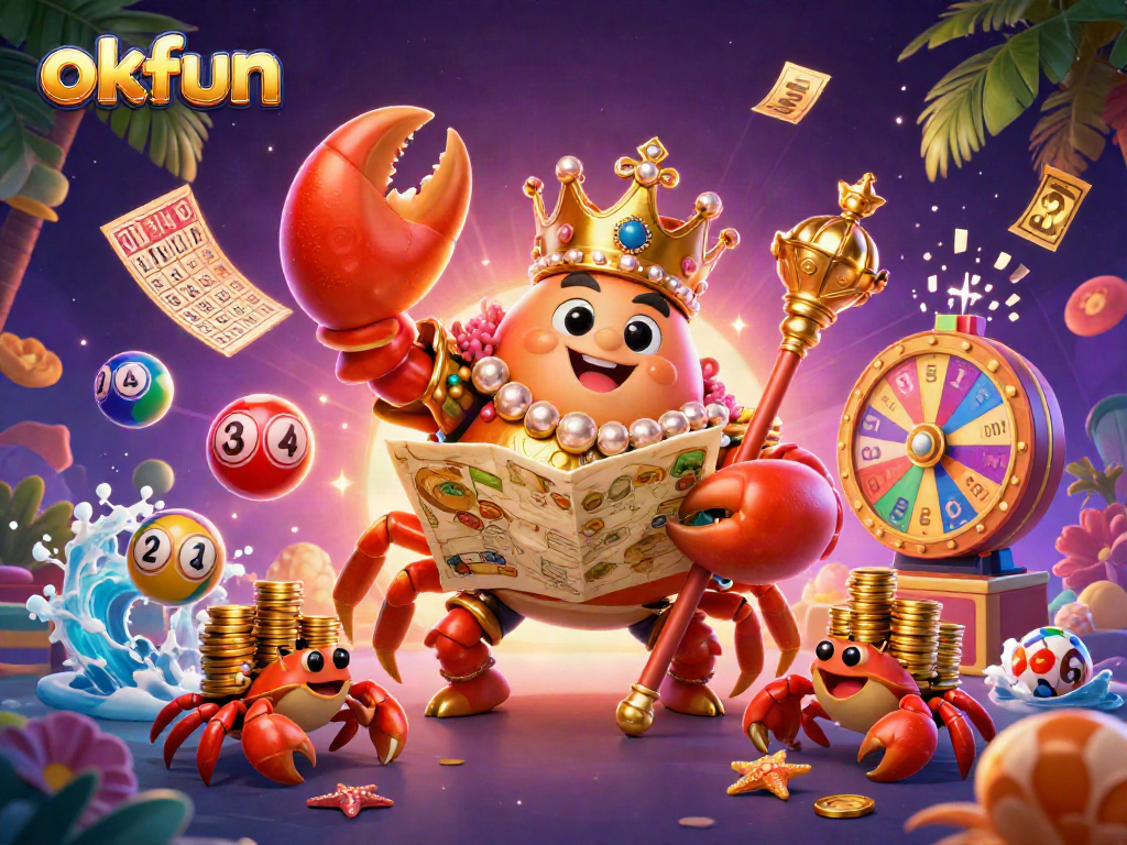 Experience the thrill of okfun with a vibrant scene of a golden crab emperor and dynamic lottery action.
