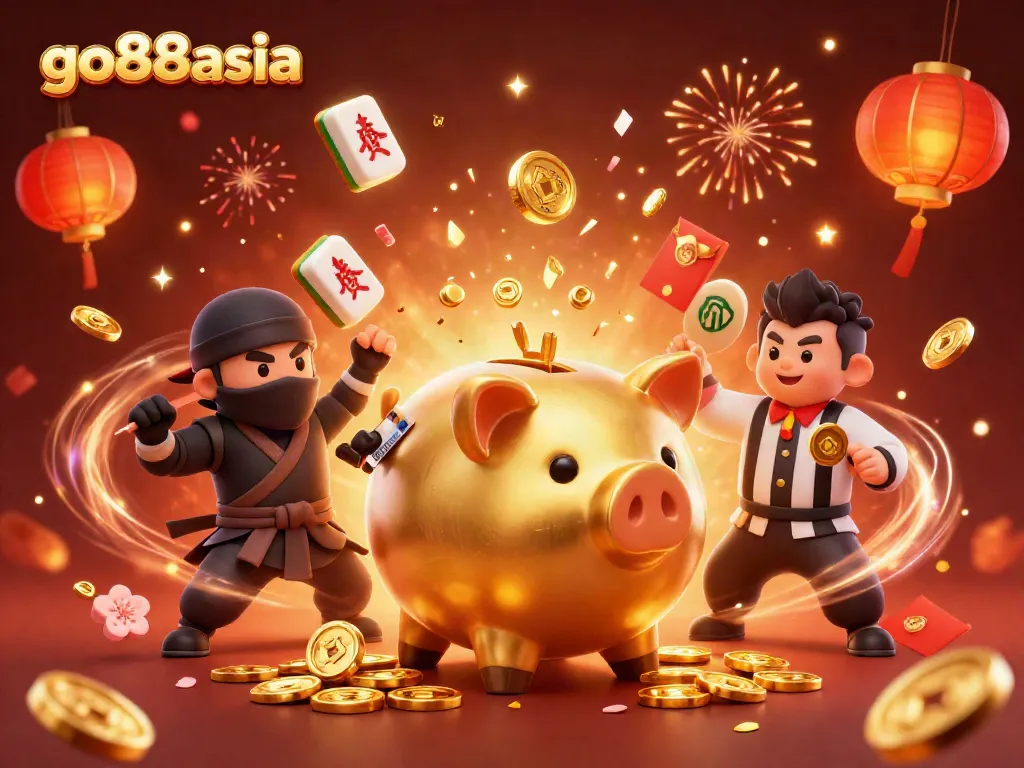 Experience the excitement of GO88Asia in this lively 3D scene with dynamic elements and casino-themed characters.