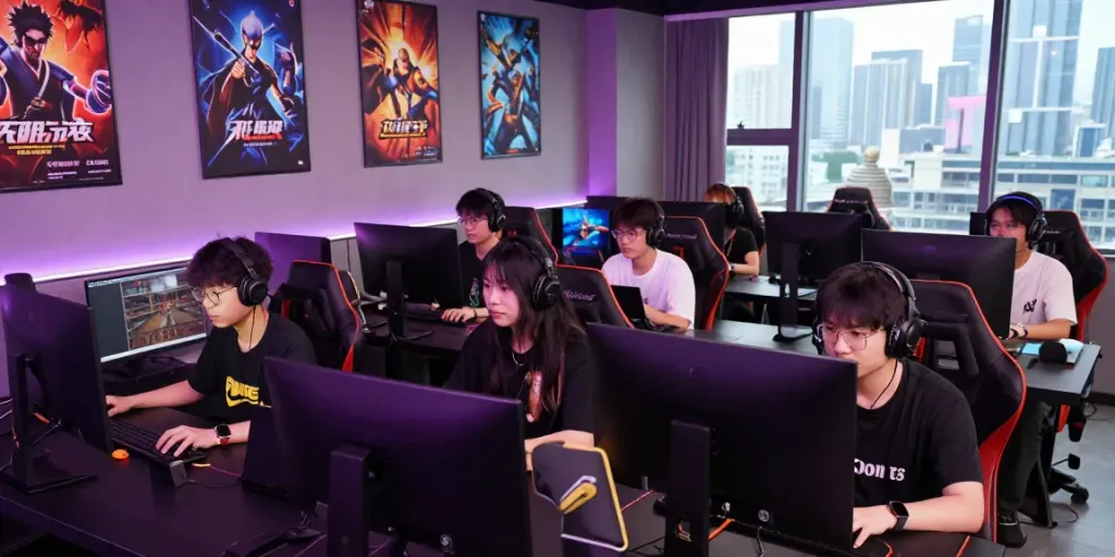 Engaging scene of diverse gamers exploring rokok88 gaming history with modern devices.