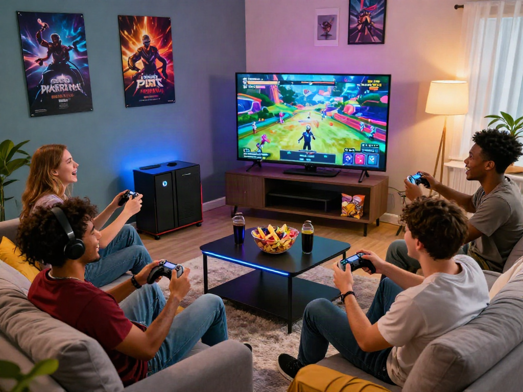 Group of friends happily playing a porngame in a vibrant living room.