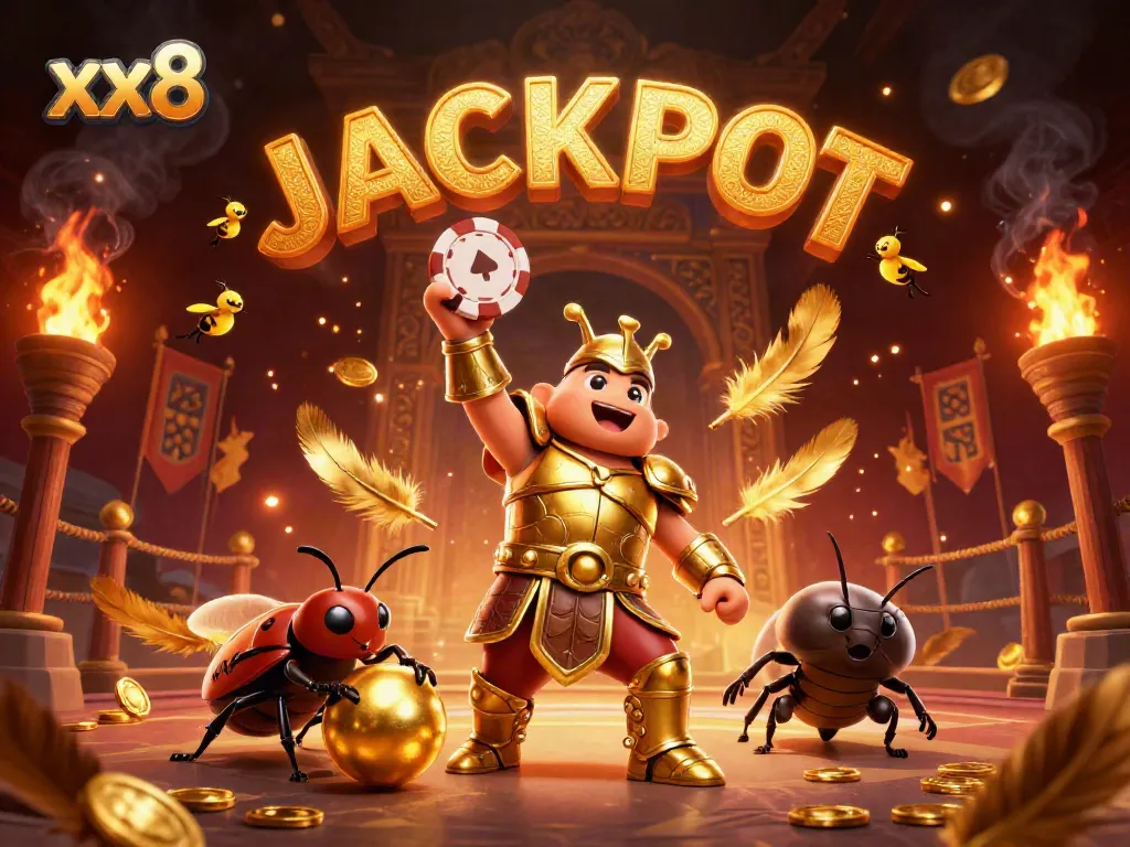 xx8 gaming scene featuring a victorious beetle in gladiator armor lifting a poker chip amidst gold coins and fireflies.