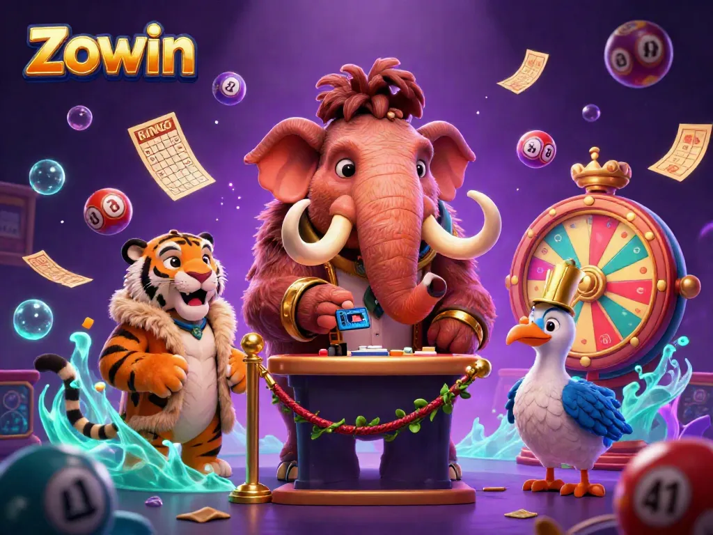 Immerse in Zowin's vibrant casino scene with a woolly mammoth bouncer and a saber-tooth guest.