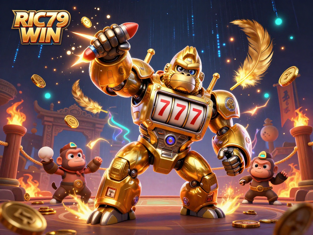 Experience RIC79 WIN in a vibrant casino battle featuring a golden gorilla mech and exciting slot elements.
