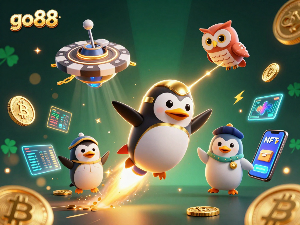 Experience big wins with go 88 in a vibrant 3D illustration showcasing a golden penguin and crypto elements.