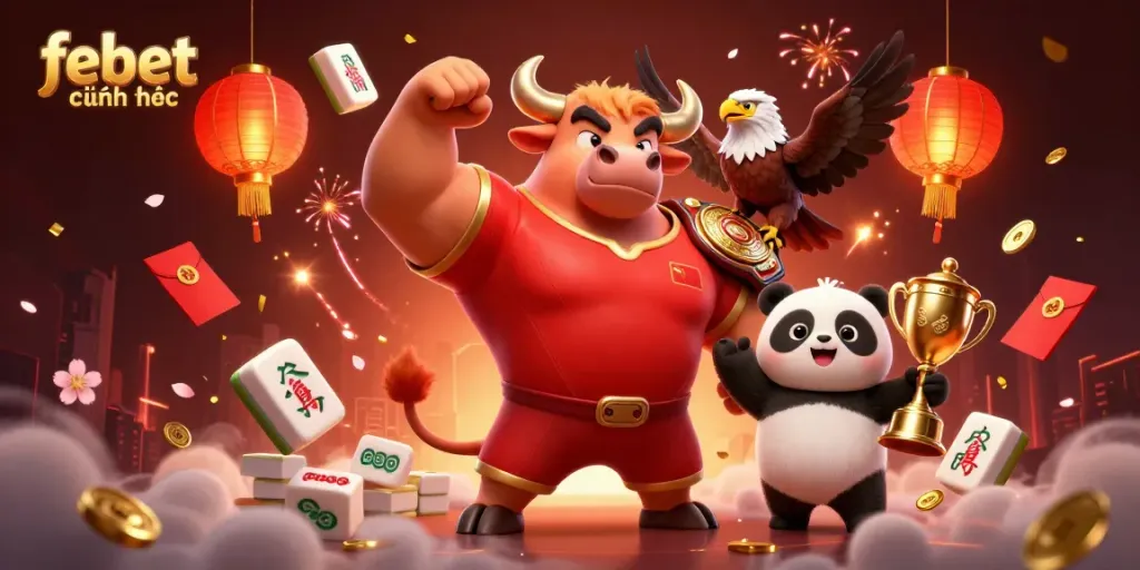 febet chính thức mascot trio celebrates wins in vibrant casino scene with golden elements