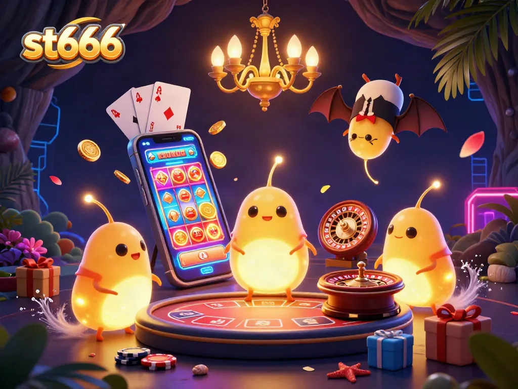 Experience exciting gaming at st666 with vibrant slot game and glowing glowworms lighting a cave casino.