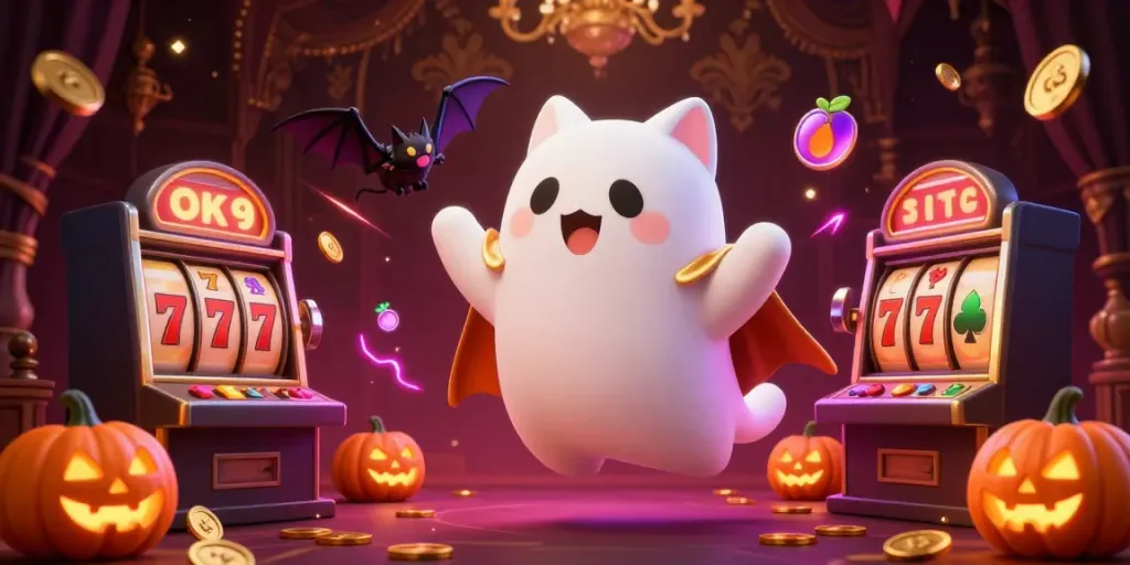 Experience thrilling gameplay at OK9 haunted casino with ghost cat, vampire bat, and vibrant jackpot symbols.