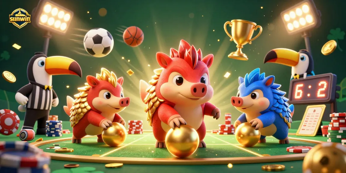 Experience the thrill of sunwin as rival pangolins roll into golden balls amidst a vibrant sports-themed scene.