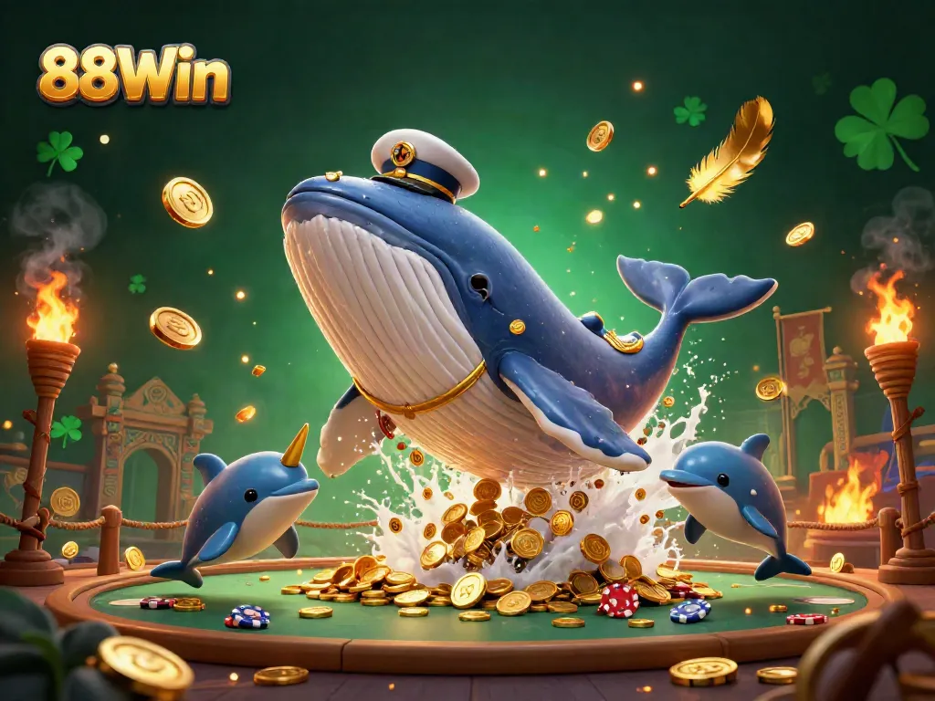 Engage in exciting gaming adventures with 88Win, featuring a cartoon whale and playful dolphins amidst a sea of coins.