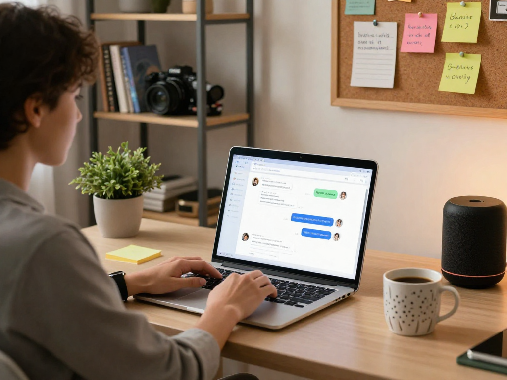 Engaging in an nsfw ai chat in a stylish home office with laptop and tech gadgets.