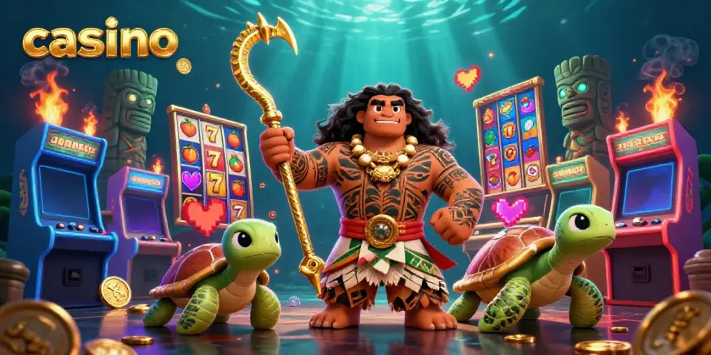 Experience dynamic casino gameplay with a vibrant 3D scene featuring colorful slot reels and characters.