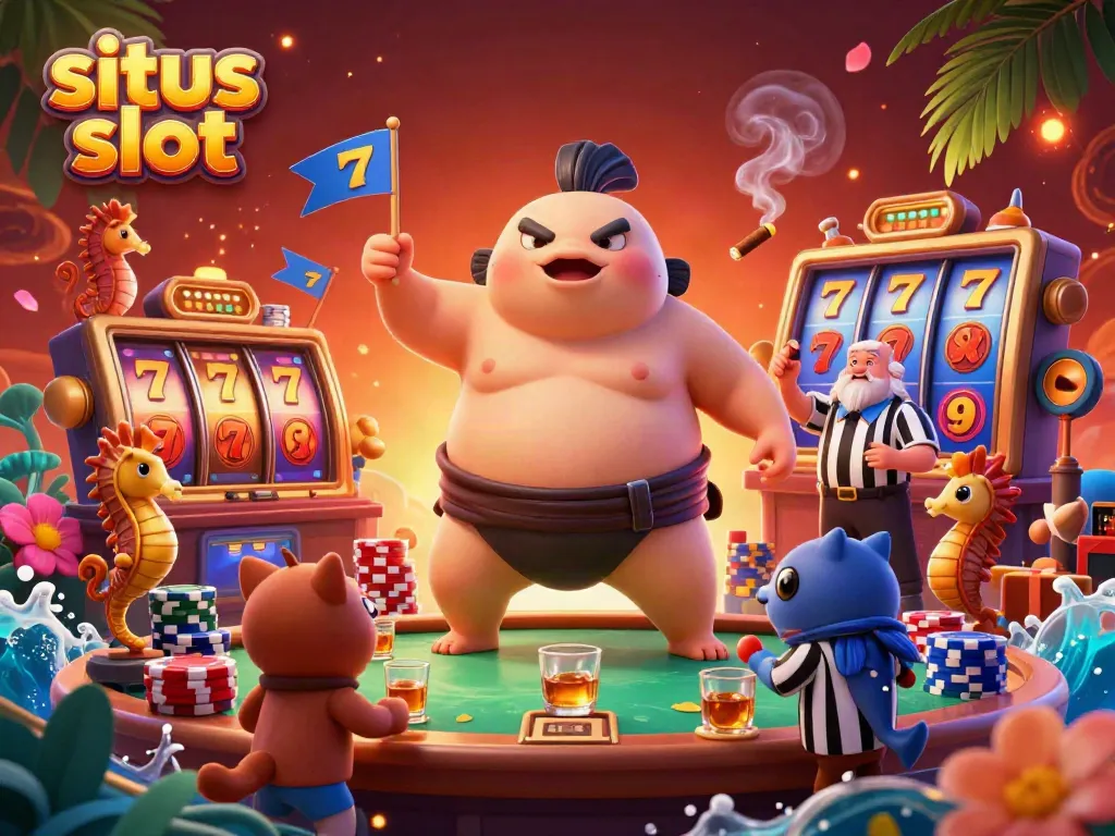 Situs slot illustration showcasing vibrant underwater characters playing slots with a festive atmosphere.