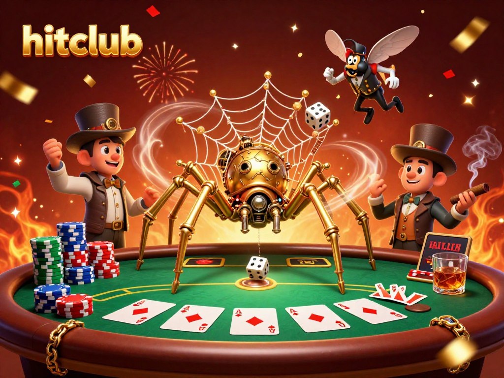 Experience the excitement of hitclub with a steampunk spider catching dice in a vibrant casino scene.