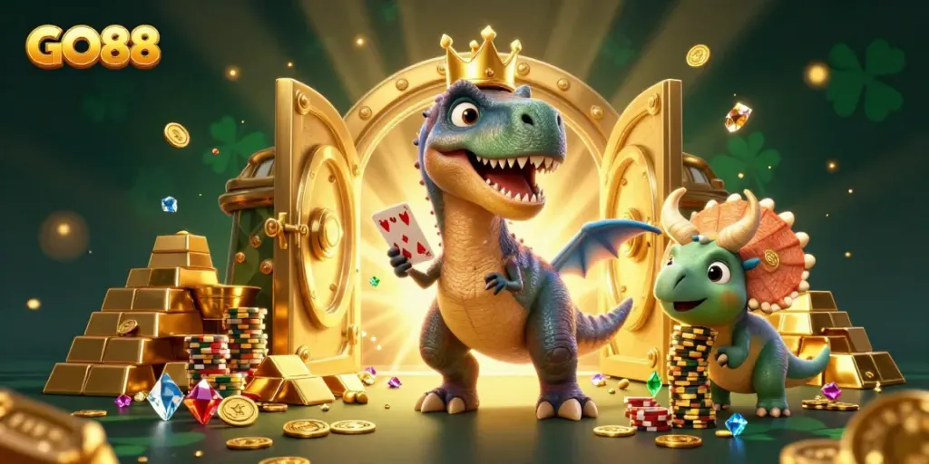 Experience excitement at GO88 with a vibrant 3D scene featuring a playful T-Rex and casino elements.