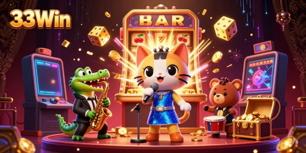 Experience the vibrant online gaming culture of 33Win with a jazzy cat, crocodile, and bear cub in a lively casino scene.