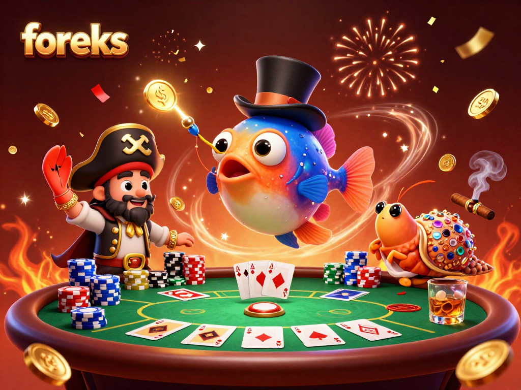 foreks attracts players with a vibrant 3D casino scene filled with poker elements and dynamic characters.