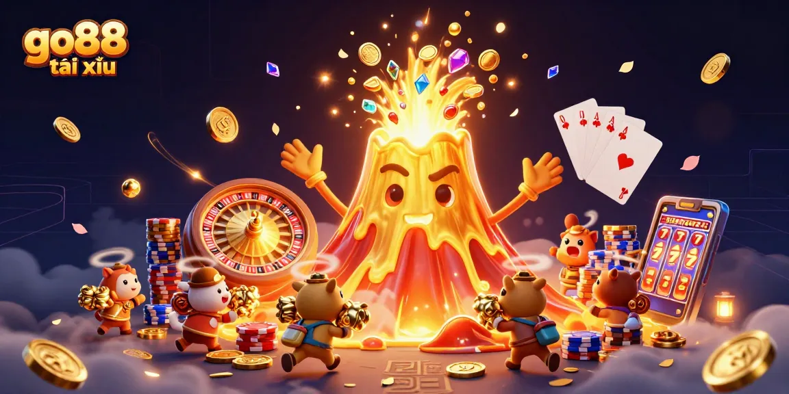 Engage in the excitement of go88 tài xỉu with a volcano erupting treasure and a vibrant gaming atmosphere.