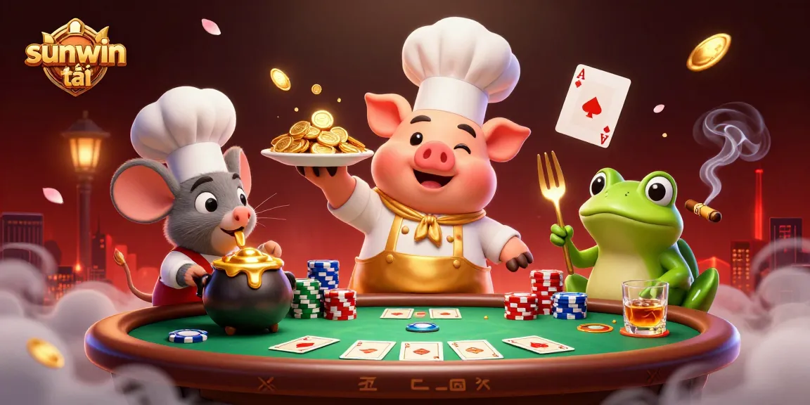 Engage with sunwin tải by experiencing thrilling casino games with cartoon characters at a vibrant poker scene.