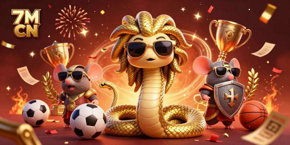 Engage with 7M CN's vibrant sports betting scene featuring Medusa and a warrior mouse surrounded by trophies and sports balls.