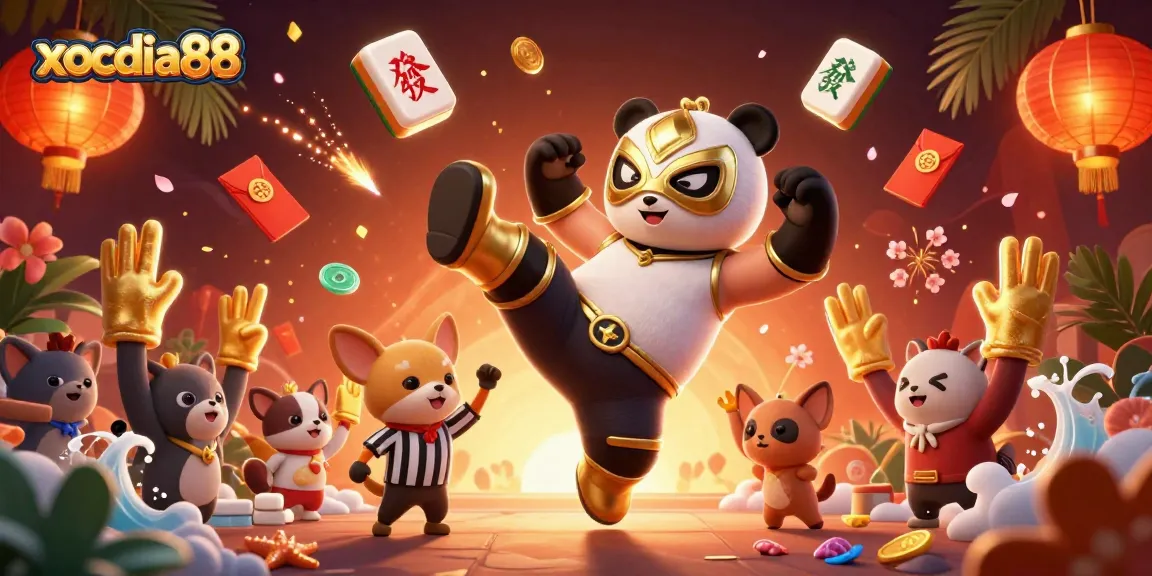 xocdia88 offers an exciting flying kick scene at a vibrant casino event with playful characters.