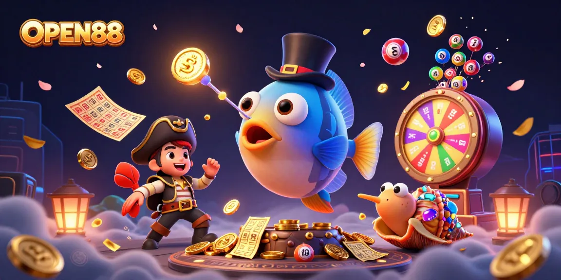Attract golden coins with OPEN88's anglerfish in a lively underwater casino scene.