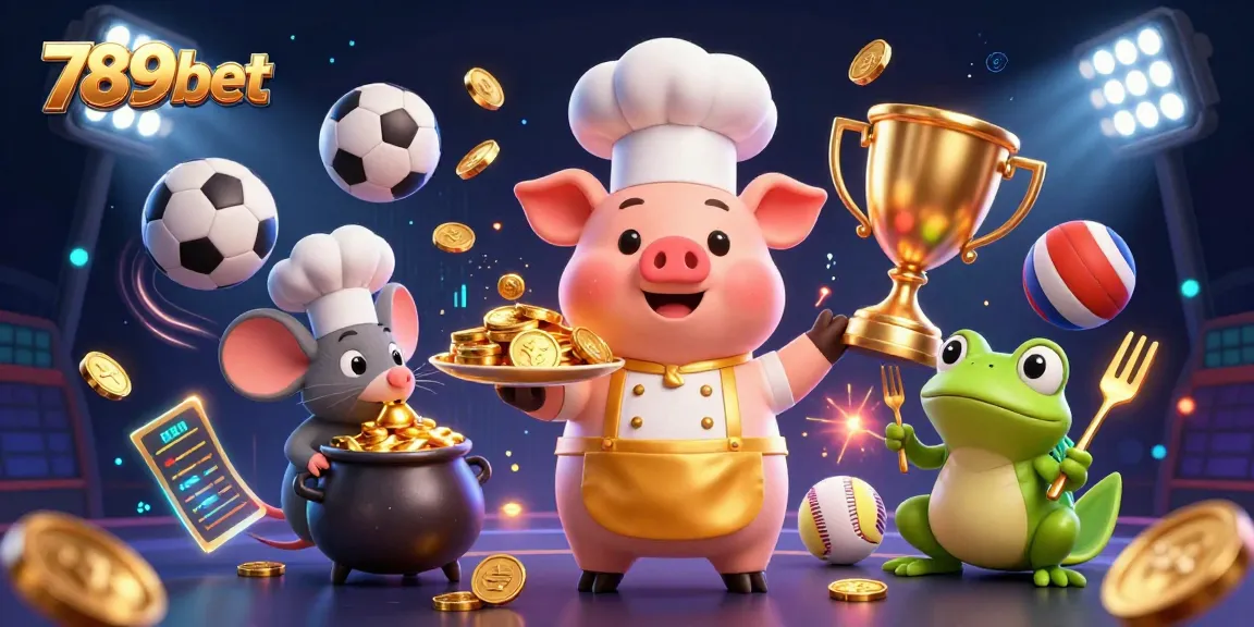 Bet on exciting games at 789bet with a vibrant casino scene featuring a pig chef, mouse, and frog.