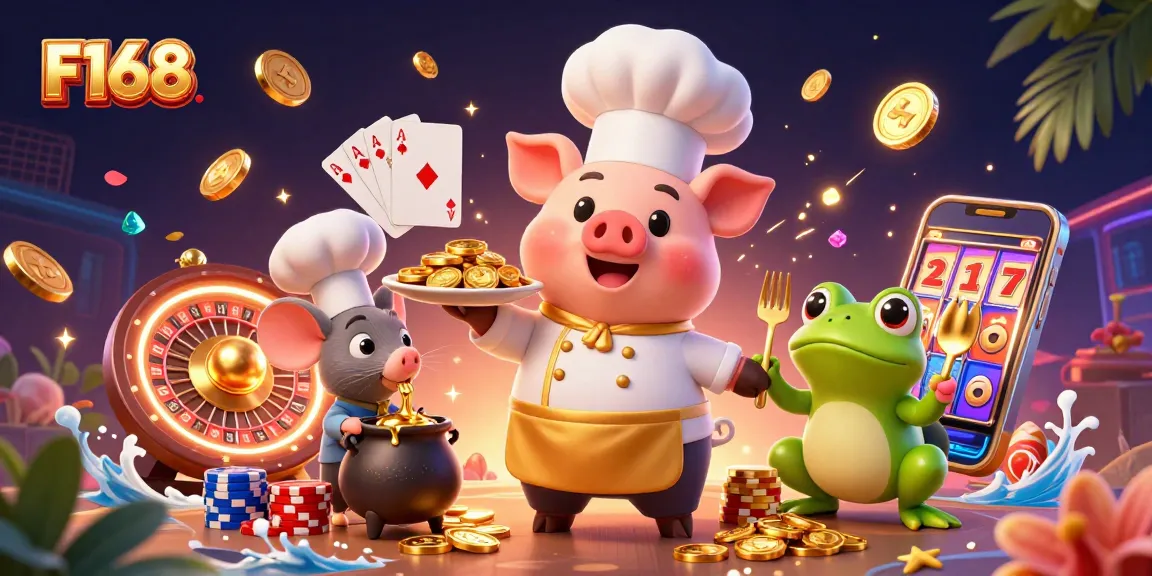 Experience the thrill of F168 with vibrant casino characters and gold coins in this dynamic illustration.