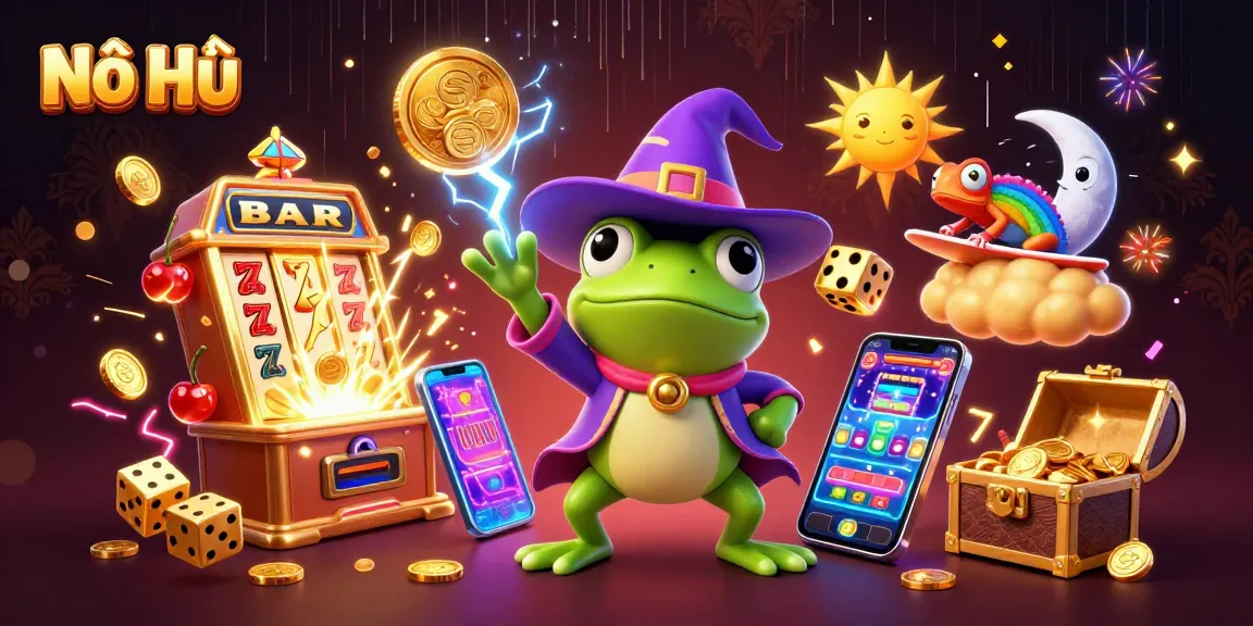 Spin the Nổ Hũ slot machine for gold coins and big wins in a vibrant casino scene.