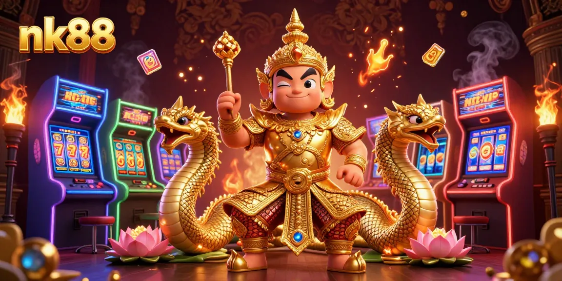 Engage in vibrant action with nk88, featuring a Thai guardian and Naga companions amidst colorful casino elements.