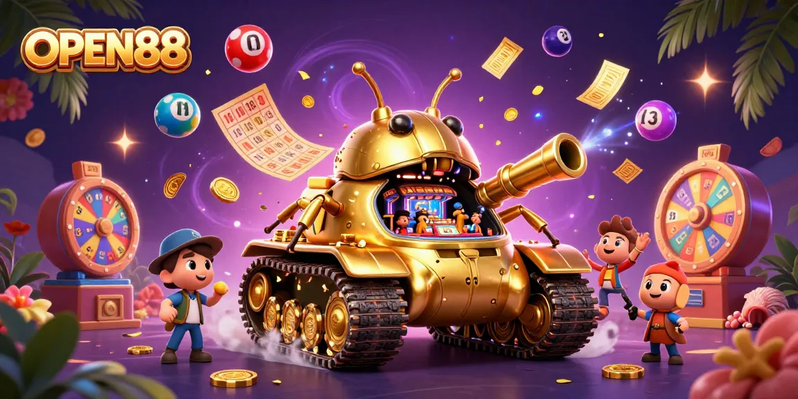 Engage in thrilling gaming with OPEN88's vibrant casino environment featuring animated lottery elements.