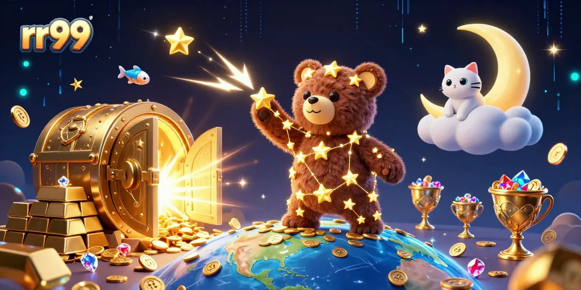 Experience the excitement of rr99 with a vibrant casino-themed digital illustration showcasing treasure and characters.