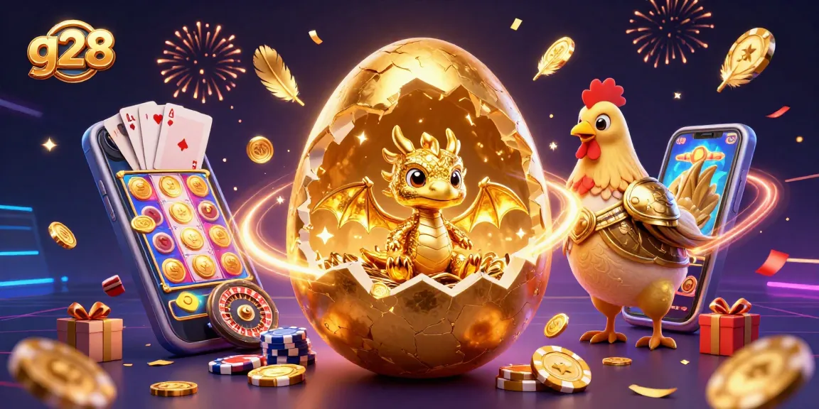 Win big with g28 as a golden dragon emerges from a nest of poker chips surrounded by casino elements.